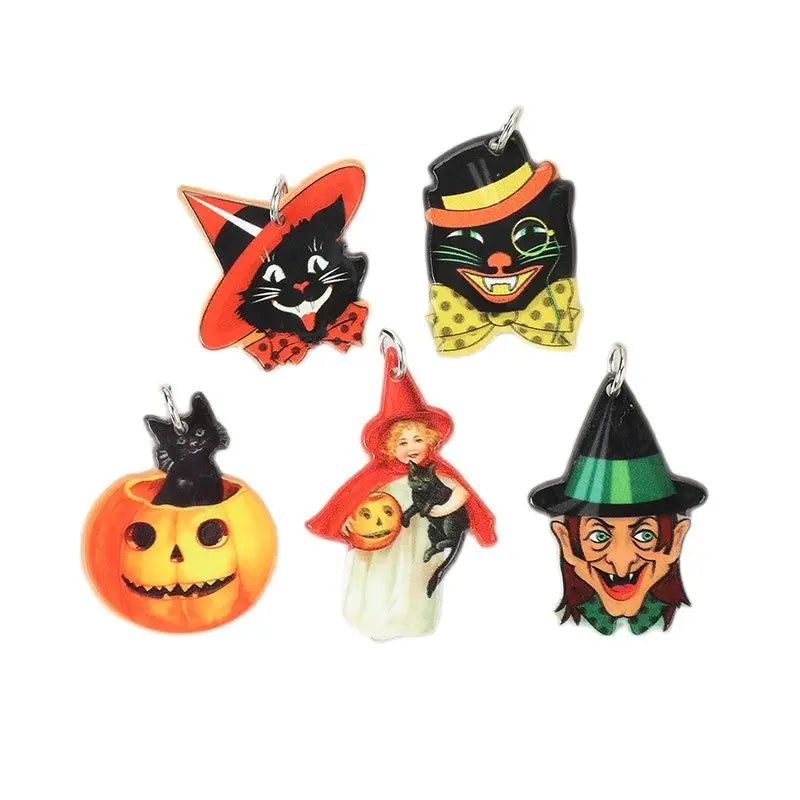 10Pcs Vintage Halloween Charms Creative Acrylic Pumpkins Black Cat Pendant For Necklace Earring DIY Making Accessories