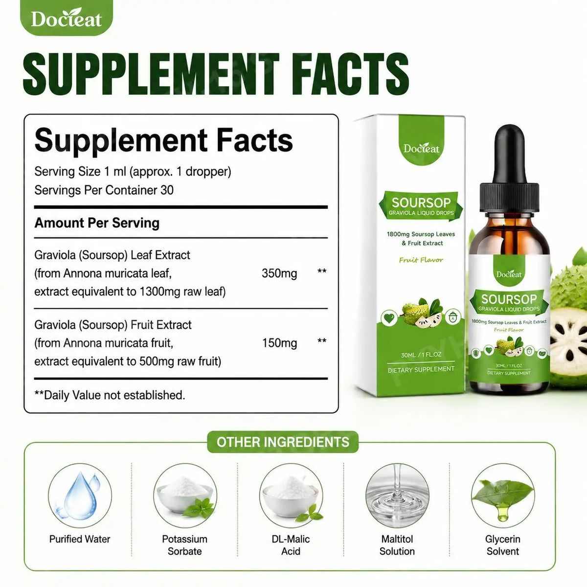 DOCTEAT Soursop Graviola Liquid Drops, 500 mg Leaf & Fruit Extract, 1800 mg Raw Herb Equivalent, Daily Vitality Support, 30 mL