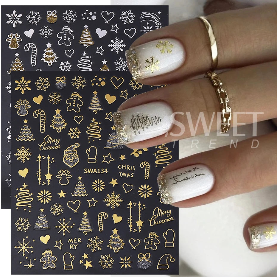 2/4pcs Cartoon Christmas Nail Stickers Glitter Gold Silver Reindeer Cat Snowflake Xmas Tree Adhesive Decals DIY Manicure Decor