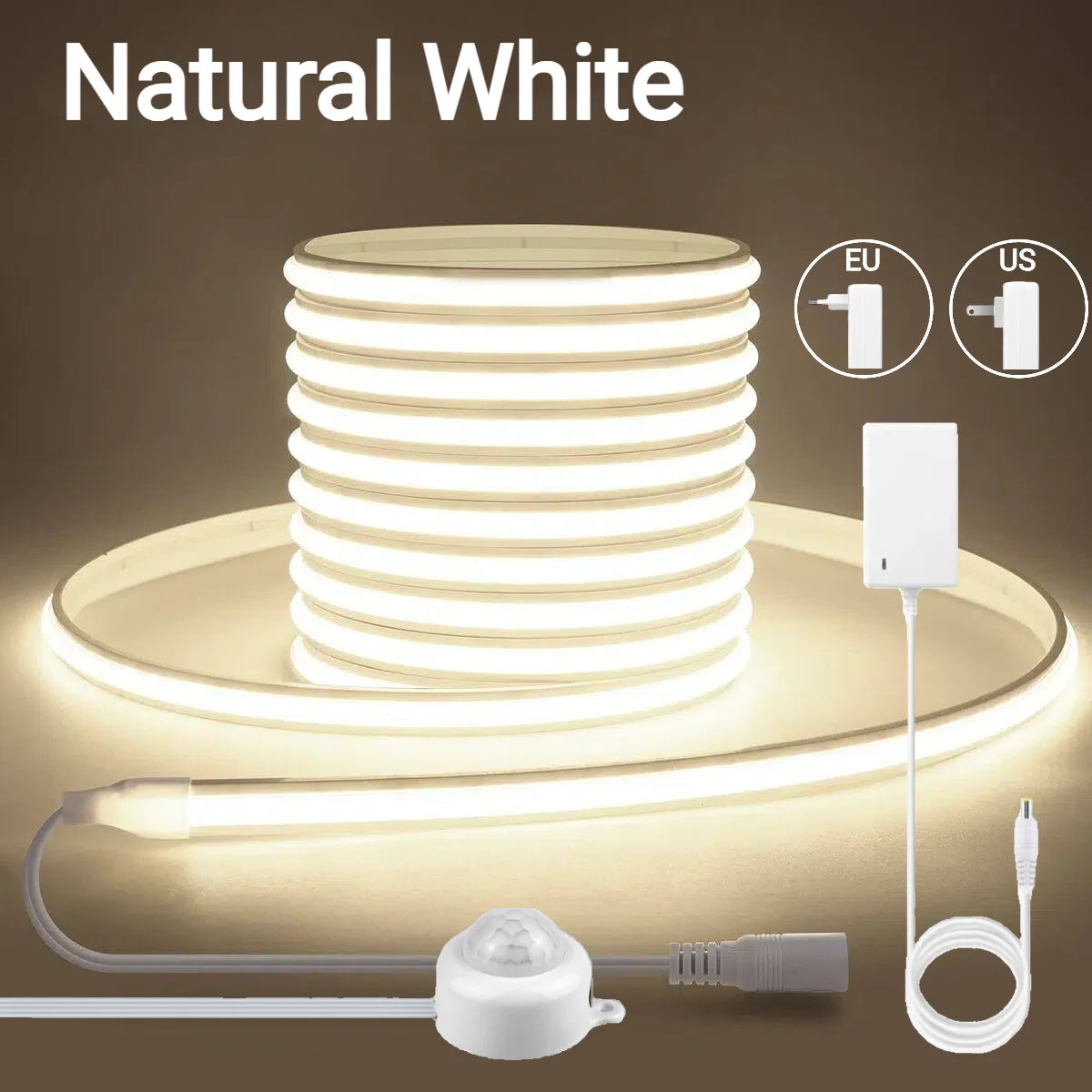 Motion Sensor Neon COB LED Strip Light Solid Silicone 24V Cuttable Light Strip Delay Time Adjustable 20-350s for Stairs Hallway