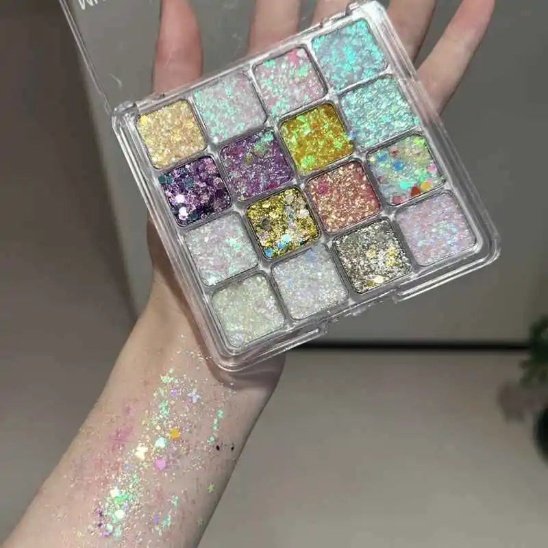 16-Color Bling Jelly Eye Shadow Palette Heart Sequin Glitter Pumpkin/Purple/Cherry/Blue/Gold Shade Stage Performance Make up