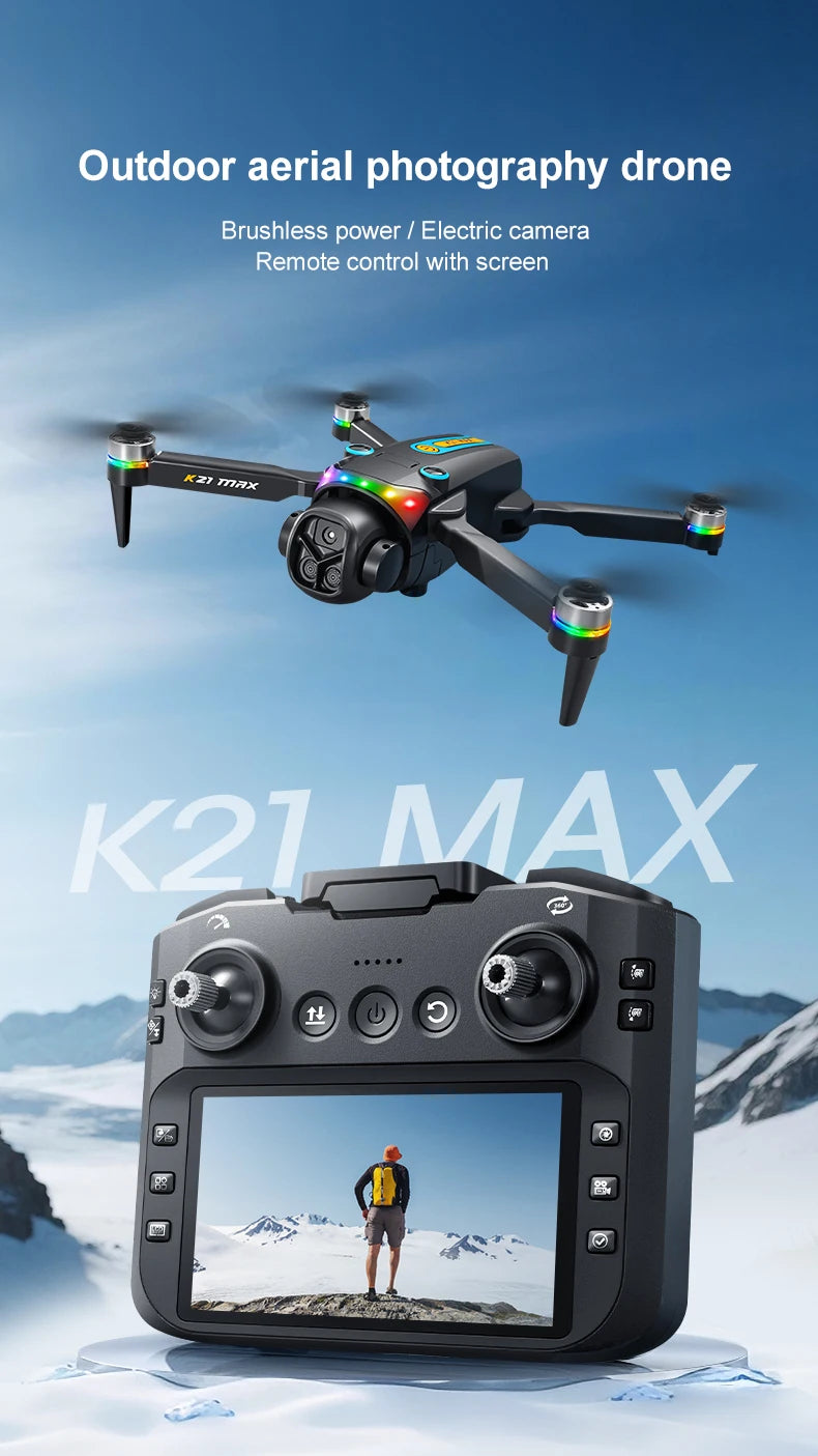 The K21MAX Drone, Equipped with a 4.3-Inch Built-in Screen Remote Controller, Is a Portable Remote-Controlled Quadcopter Suitable for Beginners. It Supports Optical Flow Hovering, Automatic Return-to-Home, and Makes a Great H