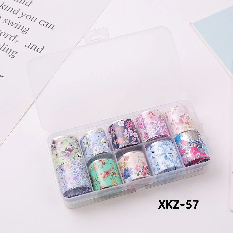 10 Rolls/ Box Charm Nail Foils Polish Stickers Metal Color Starry Paper Transfer Foil Wraps Adhesive Decals Nail Art Decorations