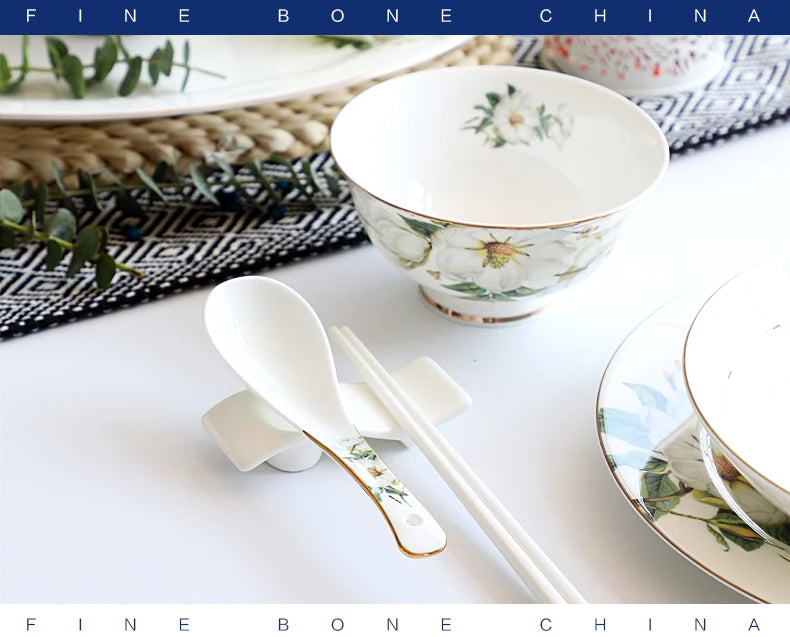 Bone China Dinnerware, Household Ceramic Rice Bowl, Deep Dishes, Soup Pots, Steak Flat Plate, Delicate Floral Tableware