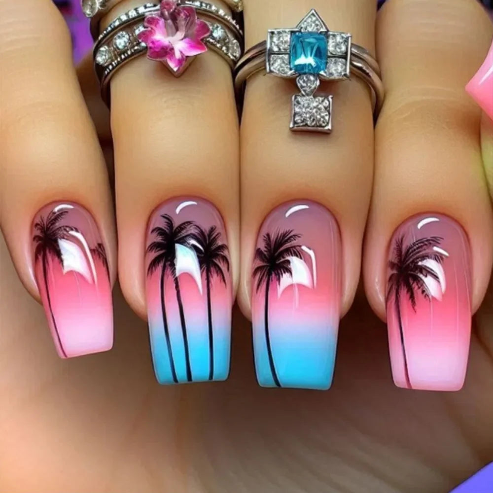 24Pcs Set Medium Long Press On Nails Spring And Summer Flower Butterfly Bee Design Reusable Daily Party Manicure Supply