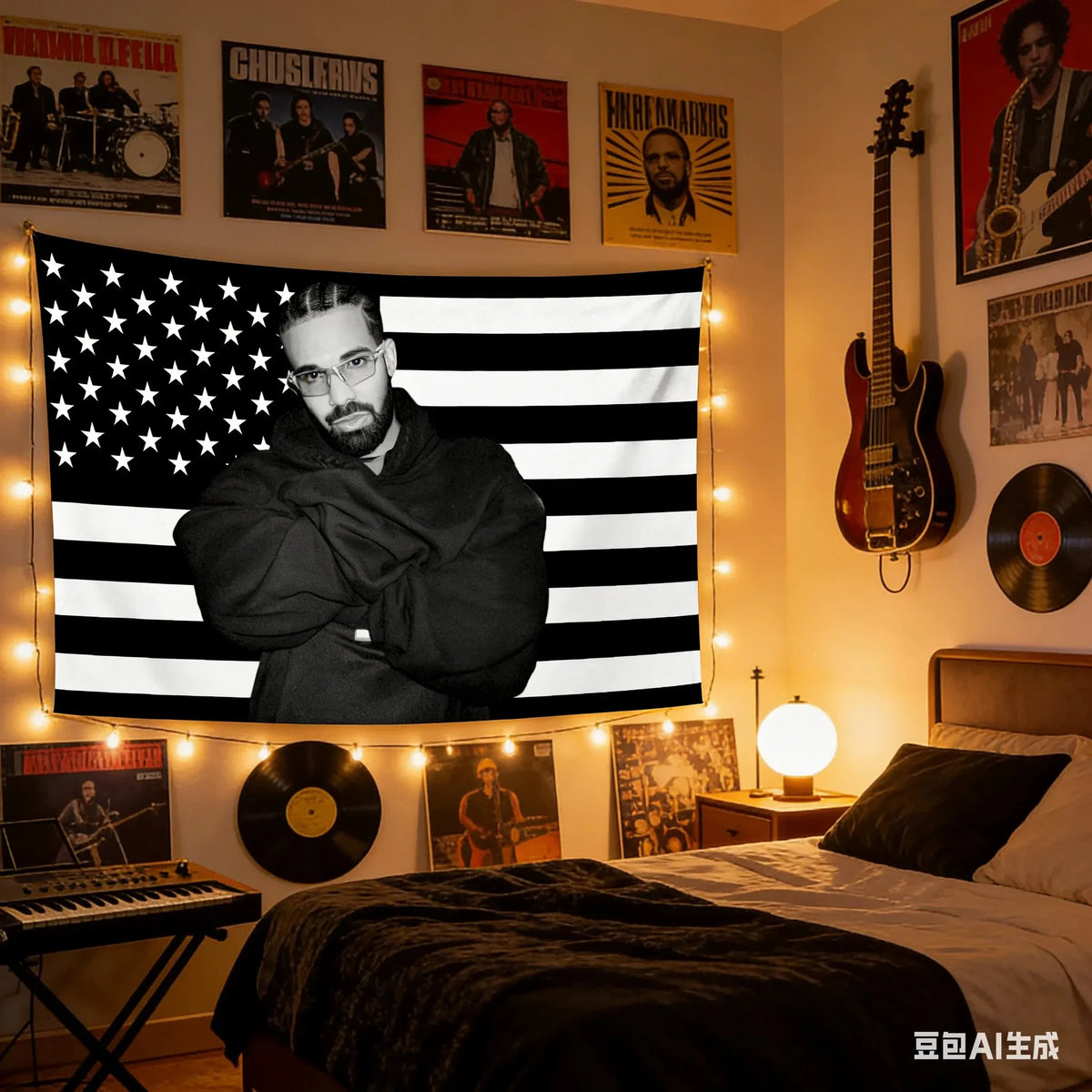 VIKAMA Drake Hip Hop Flag Tapestry Polyester Wall Hanging Black White American Flag Art for Bedroom Living Room Dorm Home Decor