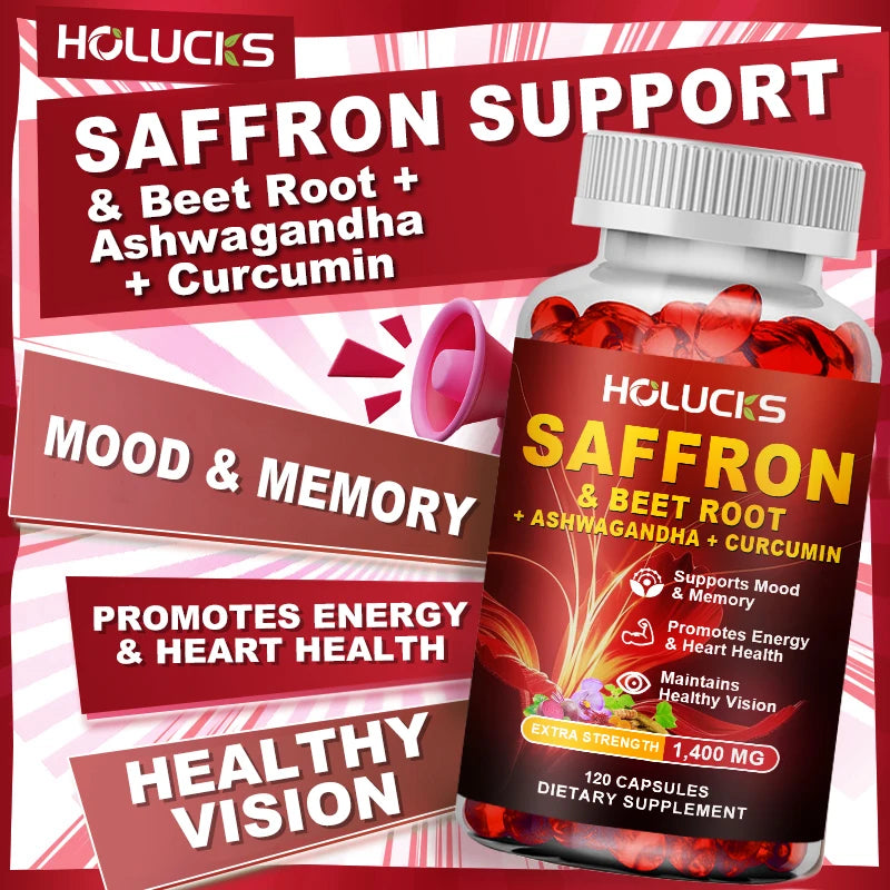 Saffron Extract Supplement, Boost Energy & Mood, for Eye & Heart Health, Focus, Vision Support, with Beet Root & Ashwagandha