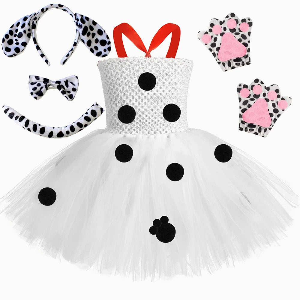 HJTT Toddler Girls Dalmatian Dog Costume Polka Dot Spotted Puppy Tutu Dress Dalmatians Costume for Kids Halloween Party Dress Up