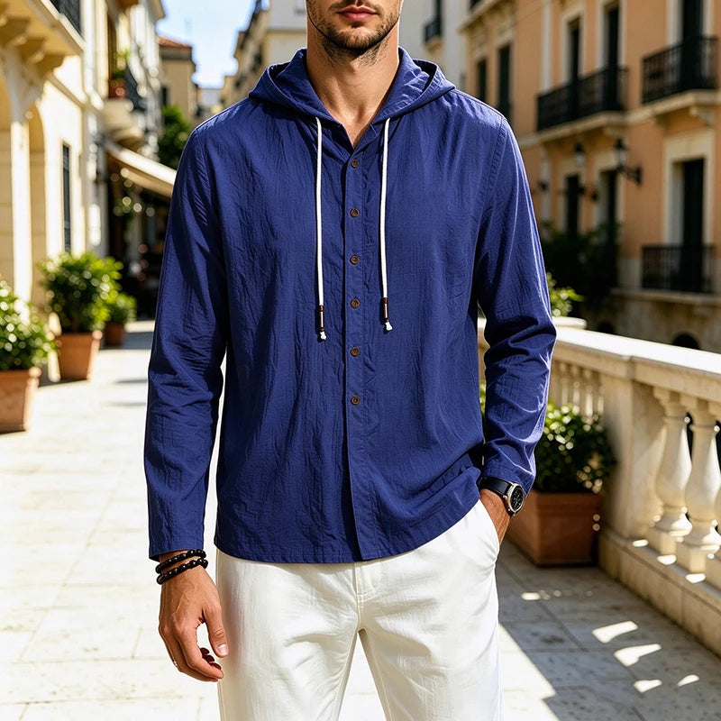 2026 New Men Linen Hooded Long Sleeve Shirt Drawstring Hood Casual Beach Vacation Travel Daily Walking Button Down Blouse