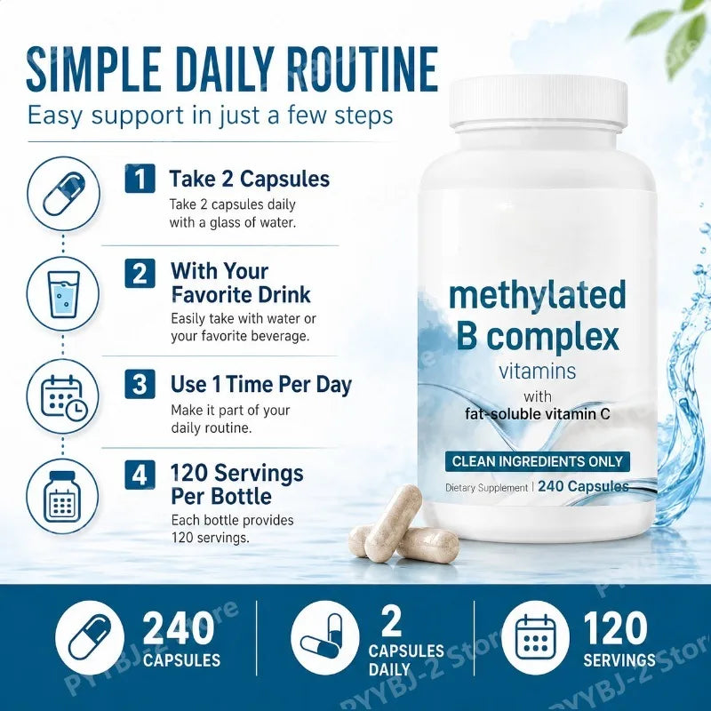 Methylated B Complex Capsule 240 Count Support Energy Generation & Neurological Health — Methylfolate B12,Thiamine and Vitamin C