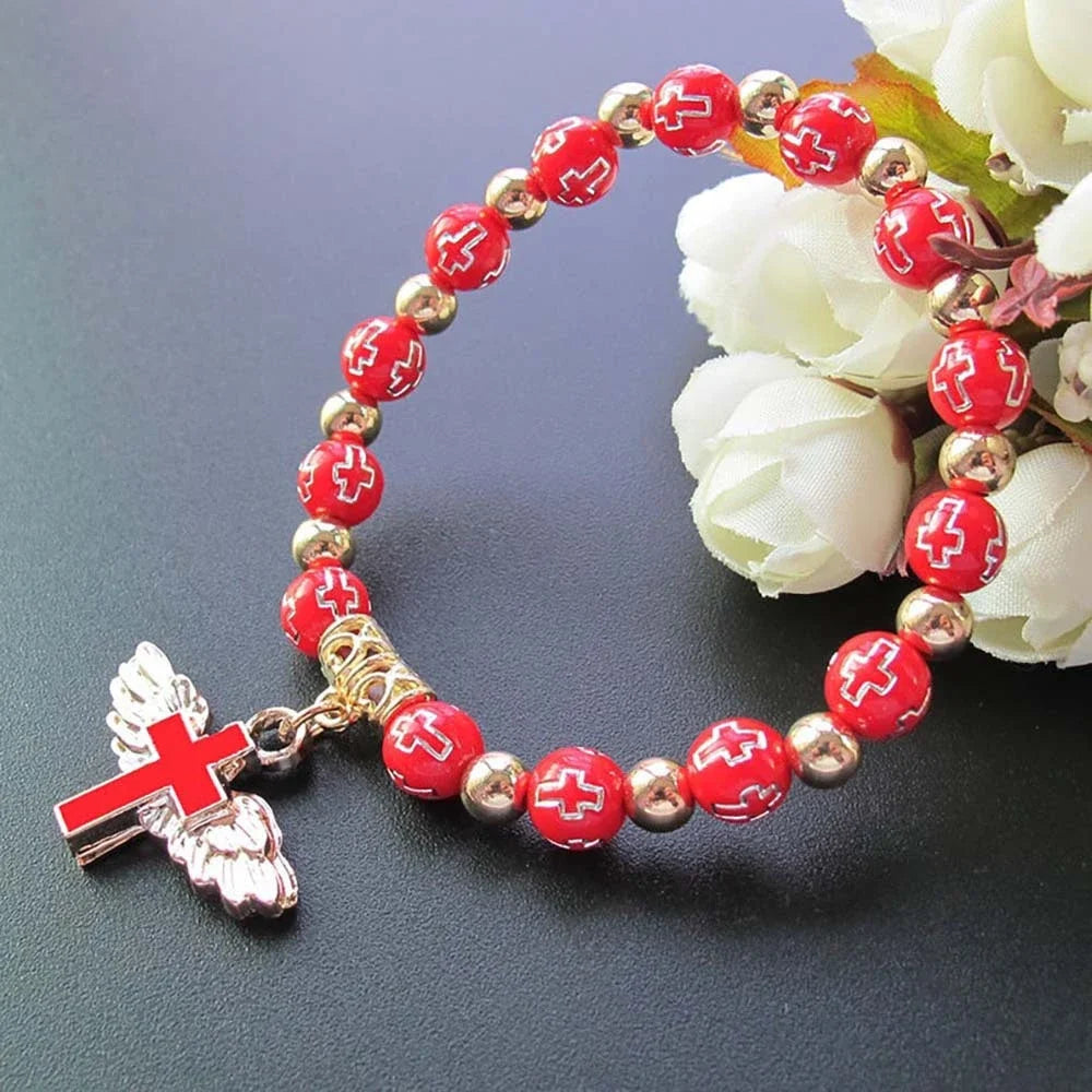 Fashion Acrylic Beaded Bangles Bracelet With Angel Wings Cross Pendant For Women Men Wristbands Lucky Jewelry Gifts