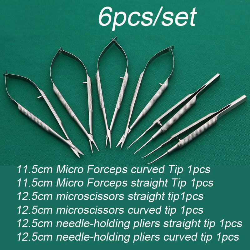 6pcs/set Ophthalmic Tools Set Striaght Curved Scissors Needle Holder Micro Forceps Ophthalmic Instrument Stainless Steel