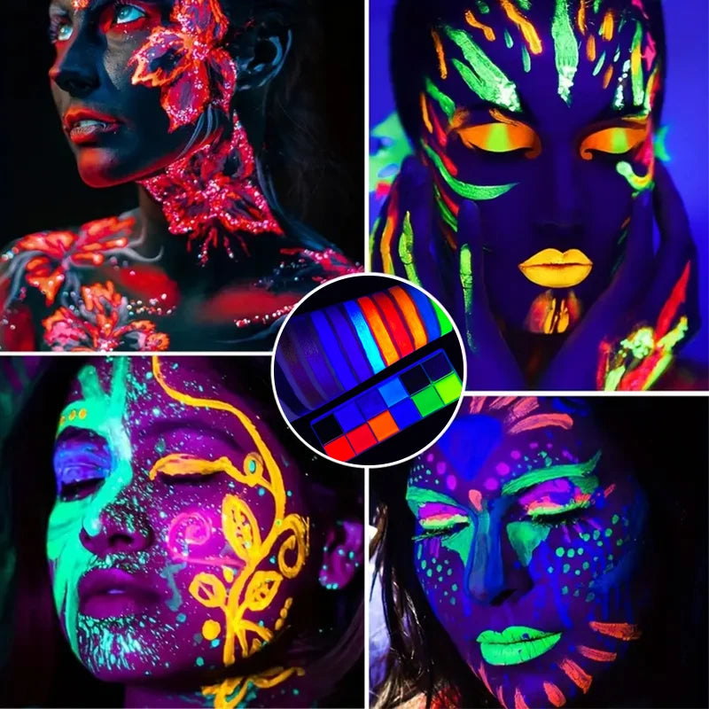 12-color UV Luminous Face Body Painting Palette Set With Brush,UV Glow Neon Face Body Paint Kit Glow For Halloween Makeup Party