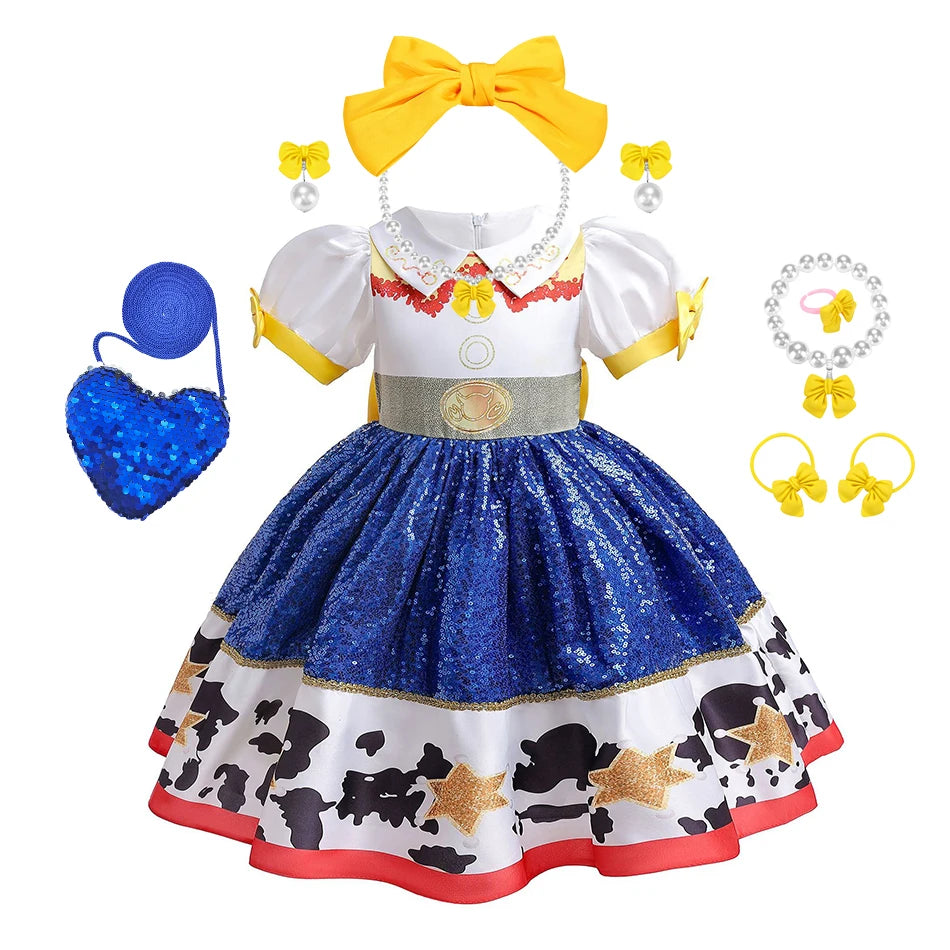 Girl Jessie Dress Kids Yellow Blue Cowgirl Cosplay Costume Kids Fancy Party Outfit Halloween Christmas Gift