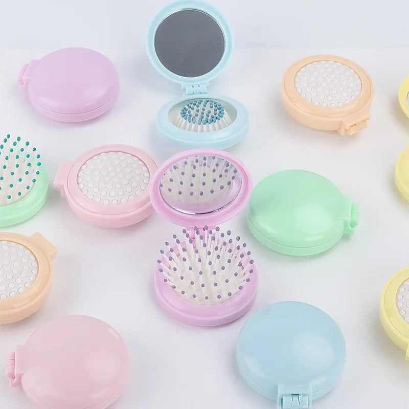Mini Pocket Mirror Folding Comb Girl Women Portable Round Pocket Small Travel Massage Hair Brush with Mirror Styling Accessories