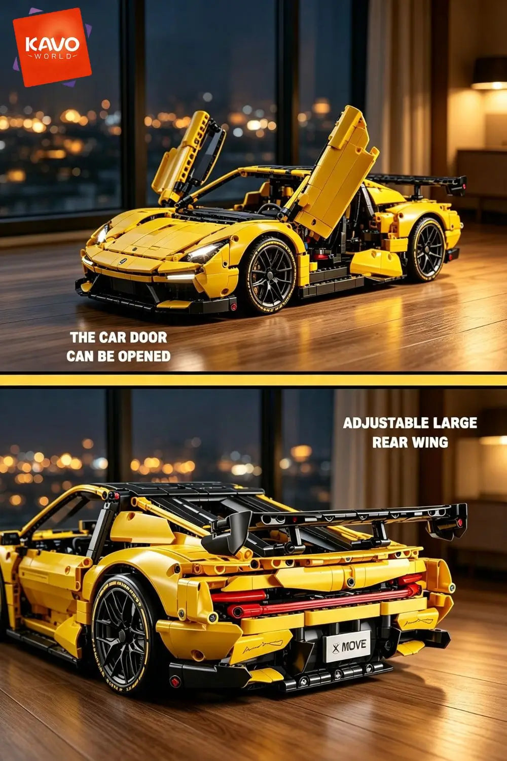 KAVOWORLD 2143pcs Yellow 1:10 Building Block Racing Car Sports Supercar Road Coupe Drift Vehicle Construction Kit with Movable Doors Adjustable Rear Wing DIY Assembly STEM Toys Home Desk Decor Hobby Christmas Halloween Birthd