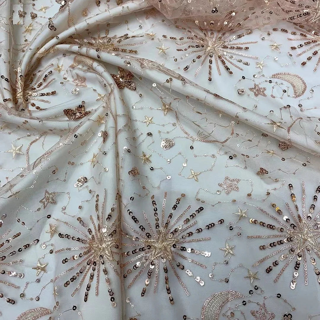 130cm wide Black/Apricot /Pink /Silver Sequins Embroidery Lace Fabric Star Moon Beads Embroid Fabric Sequin Dress Material X880