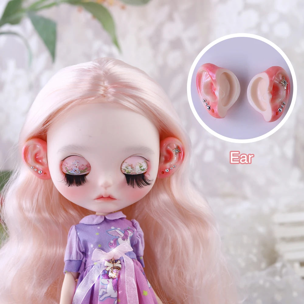 Blyth 1/6 Doll Ear: Hand-painted Ears with Rhinestone Texture and Openwork Design DIY Accessories for 30 cm Dolls