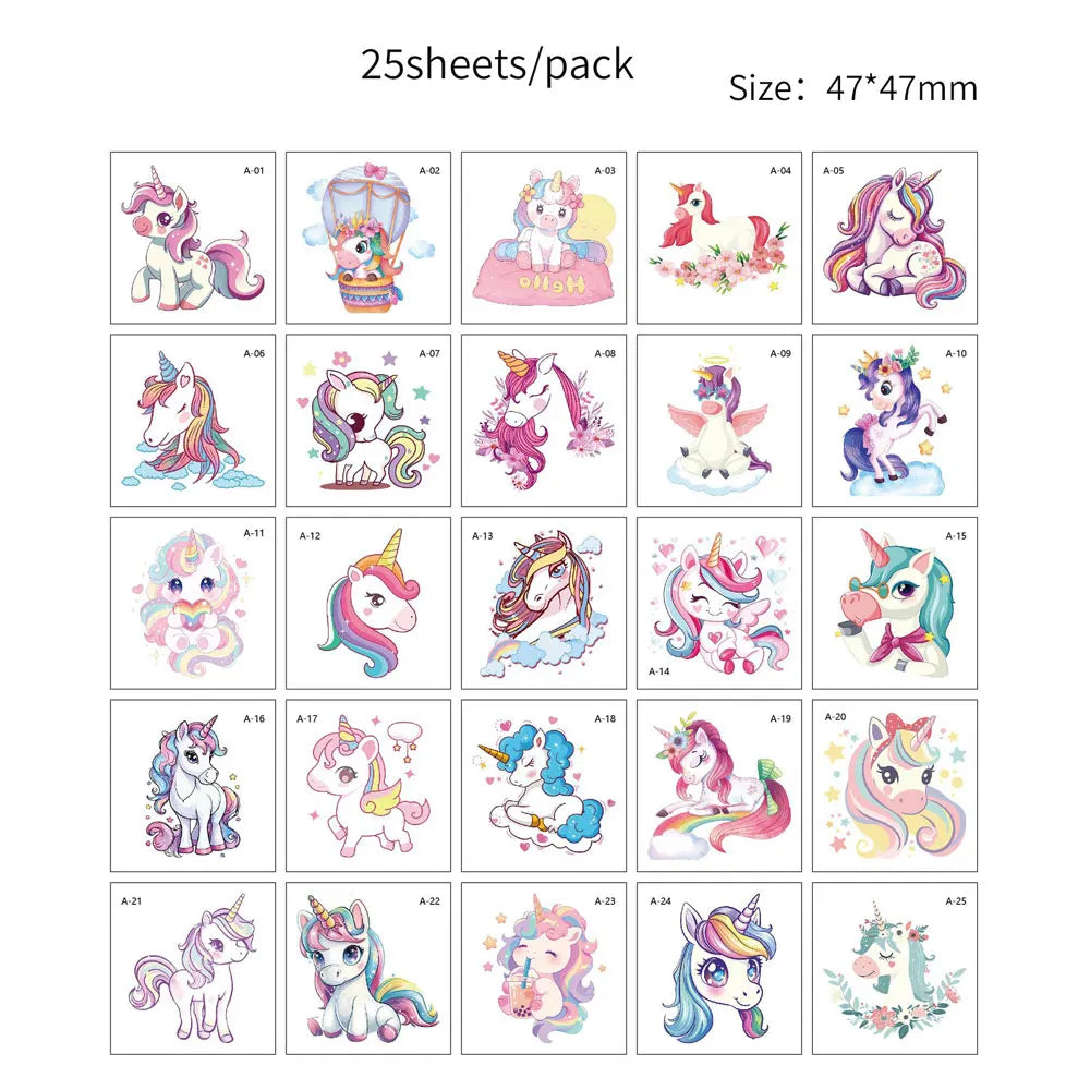 25pcs Cartoon Tattoo Stickers for Hand Face Makeup Unicorn Temporary Tattoo Stickers Cute Hand Tattoo Decoration