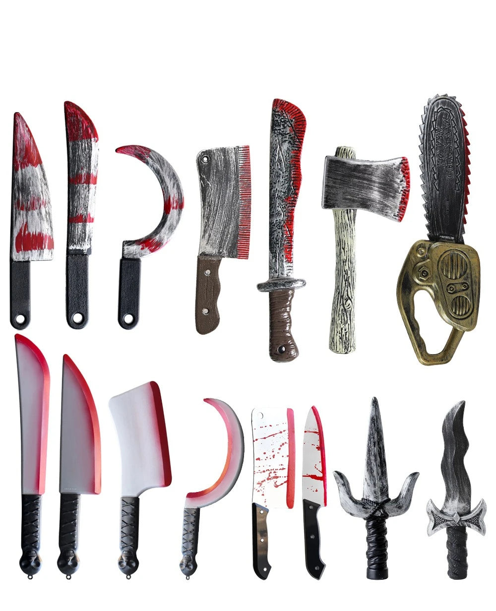 Halloween realistic props - blood-spreading axes, chainsaws, plastic knives for costumes, party cosplay props