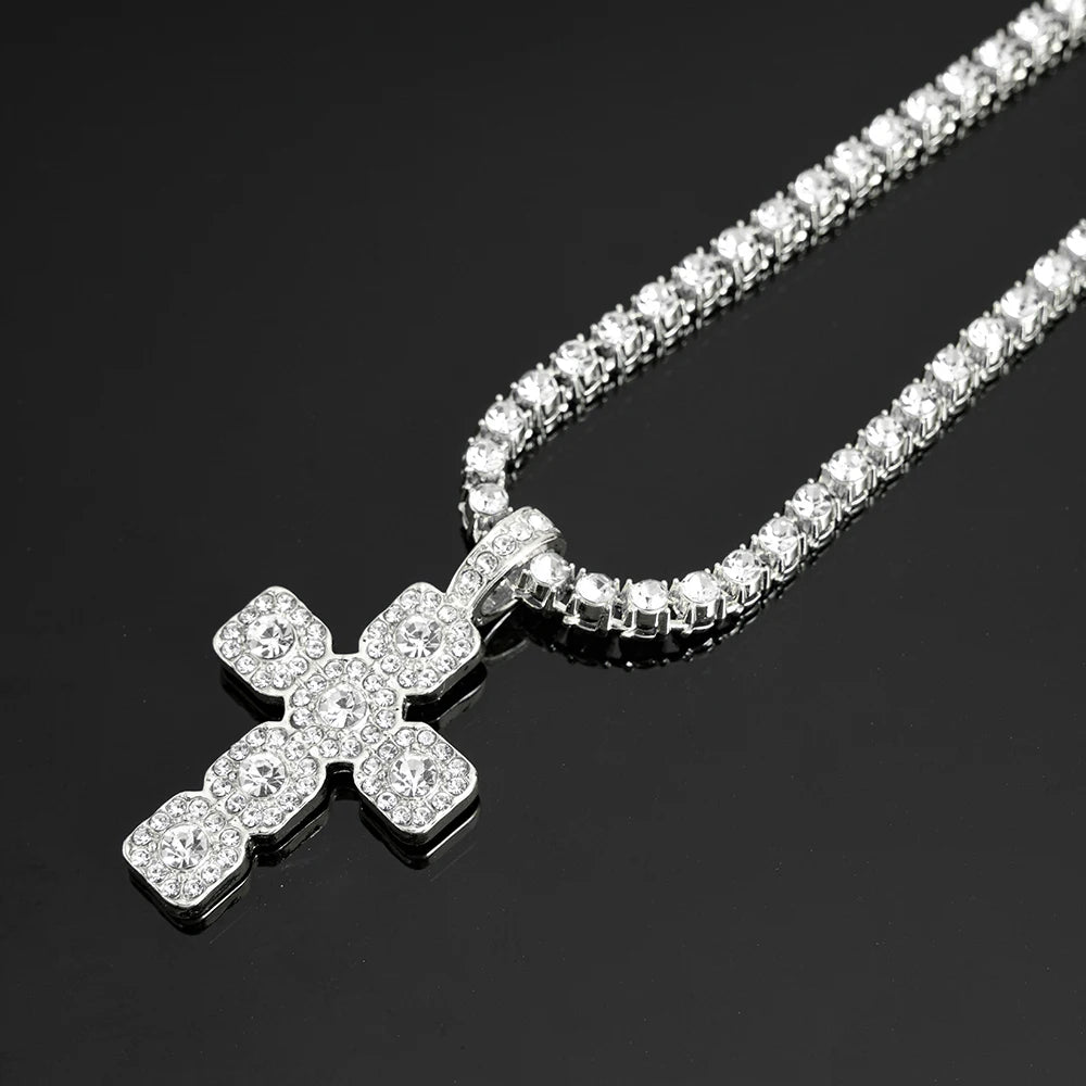 2025 New Hip Hop Cross Pendant Necklace Men 4mm Rhinestone Tennis Chain Iced Sparkling Necklace Women Punk Jewelry Fashion Gift