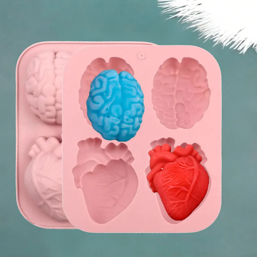 2 Cavity Heart Head Silicone Scent Candle Mold Human Brains Plaster Resin Mold Handmade 3D Organ Halloween Decor DIY Craft Gifts