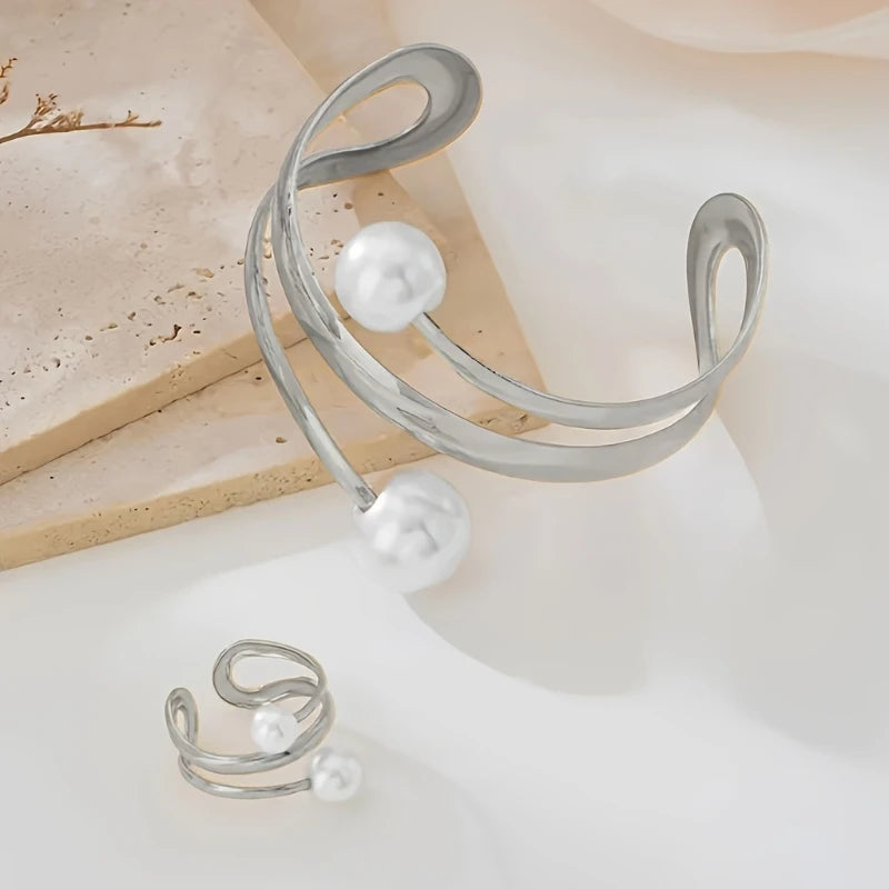 2-piece Fashionable Geometric Imitation Pearl Multi-layer Bracelet Ring, Women's Personalized Trendy Party Accessories Jewelry