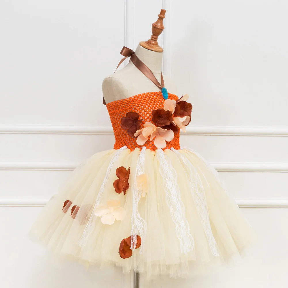 HJTT Princess Dress Costume for Girls Flowers Tutu Dress Kids Hawaiian Tribal Beach Themed Halloween Birthday Party Tulle Dress