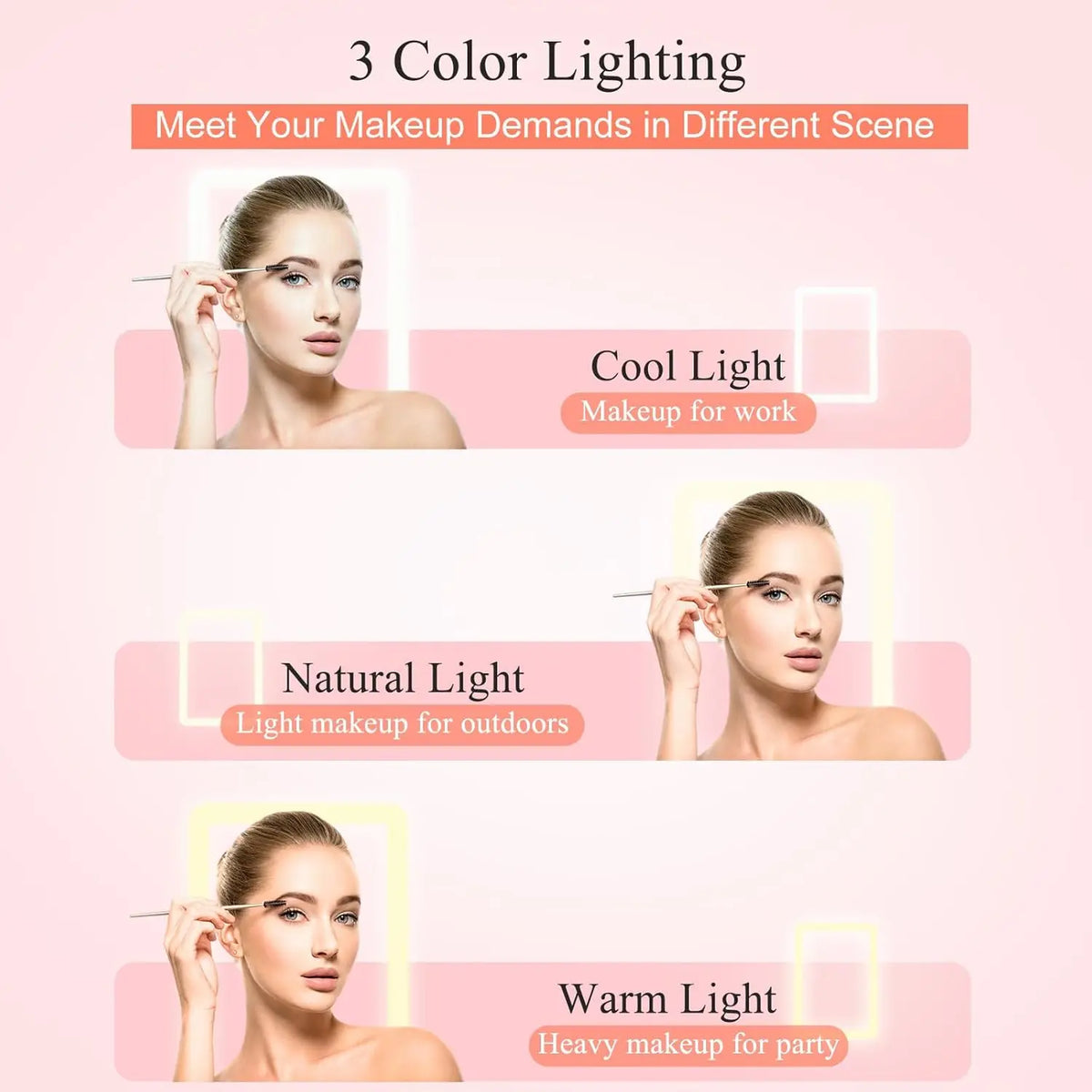LED Travel Makeup Mirror 3 Colors Light USB Rechargeable Touch Screen Cute Portable Tabletop Cosmetic Mirror Ins PINK Beautiful