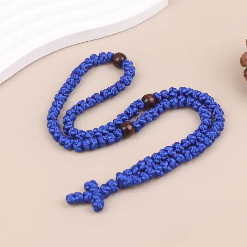 Handmade Orthodox Komboskini Prayer Rope Necklace Black Blue Knot Religious Cross Rosary Jewelry Gift For Believers
