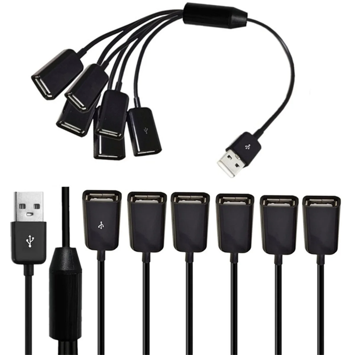 USB Extension Cable 6-in-1 USB Fast Charge 3A Charging Data Cable Y Splitter Cable USB Male to USB Female 1 to 6 Cord