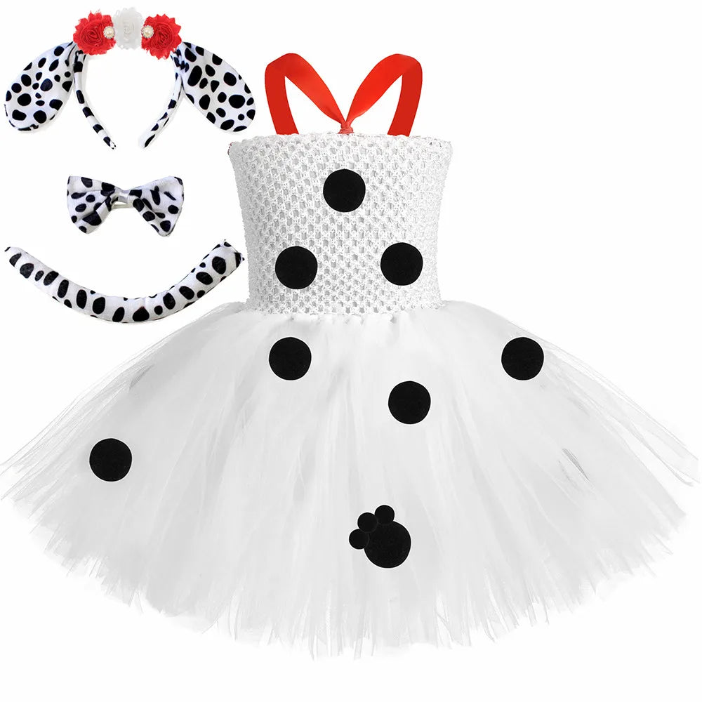 HJTT Toddler Girls Dalmatian Dog Costume Polka Dot Spotted Puppy Tutu Dress Dalmatians Costume for Kids Halloween Party Dress Up