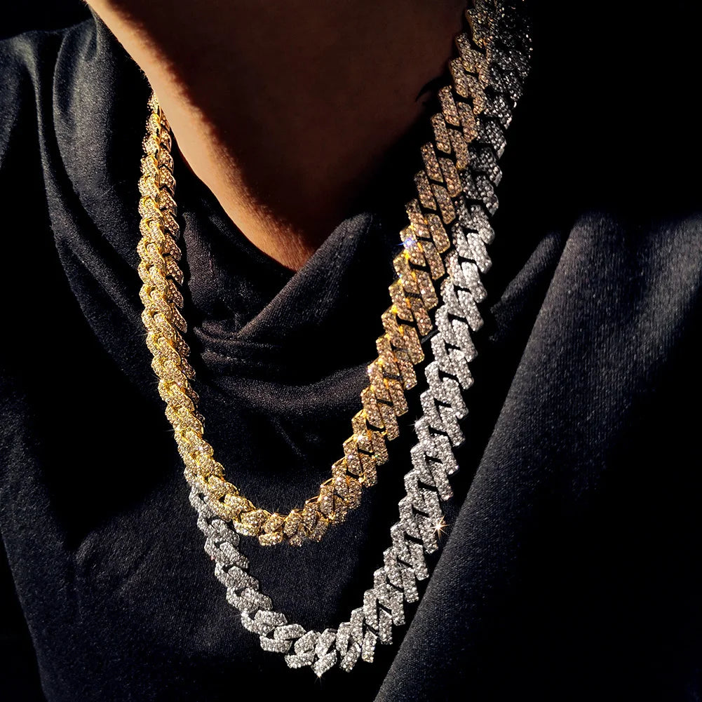 16/18/20/22/24inch Gold Color Cuban Link Chain for Women Men 2 Row Rhinestone Rhombus Prong Cuban Necklaces Hip Hop Jewelry