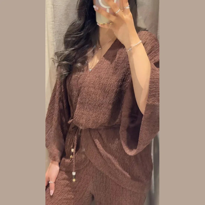 Tie Front Textured Women's Set V-Neck Loose Set Wide Sleeve Drawstring Pants Casual Lounge Solid Color 2 Piece Outfits For Daily