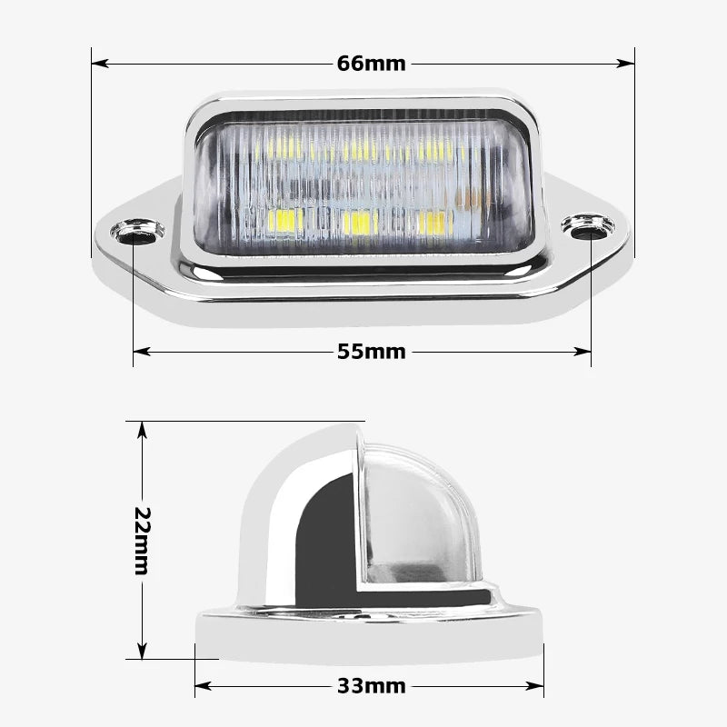 Universal Chrome LED Number Plate Light 12V 24V Rear Brake Light License Taillight for Cars Truck Wagon Van RV Motorcycle 6 Leds