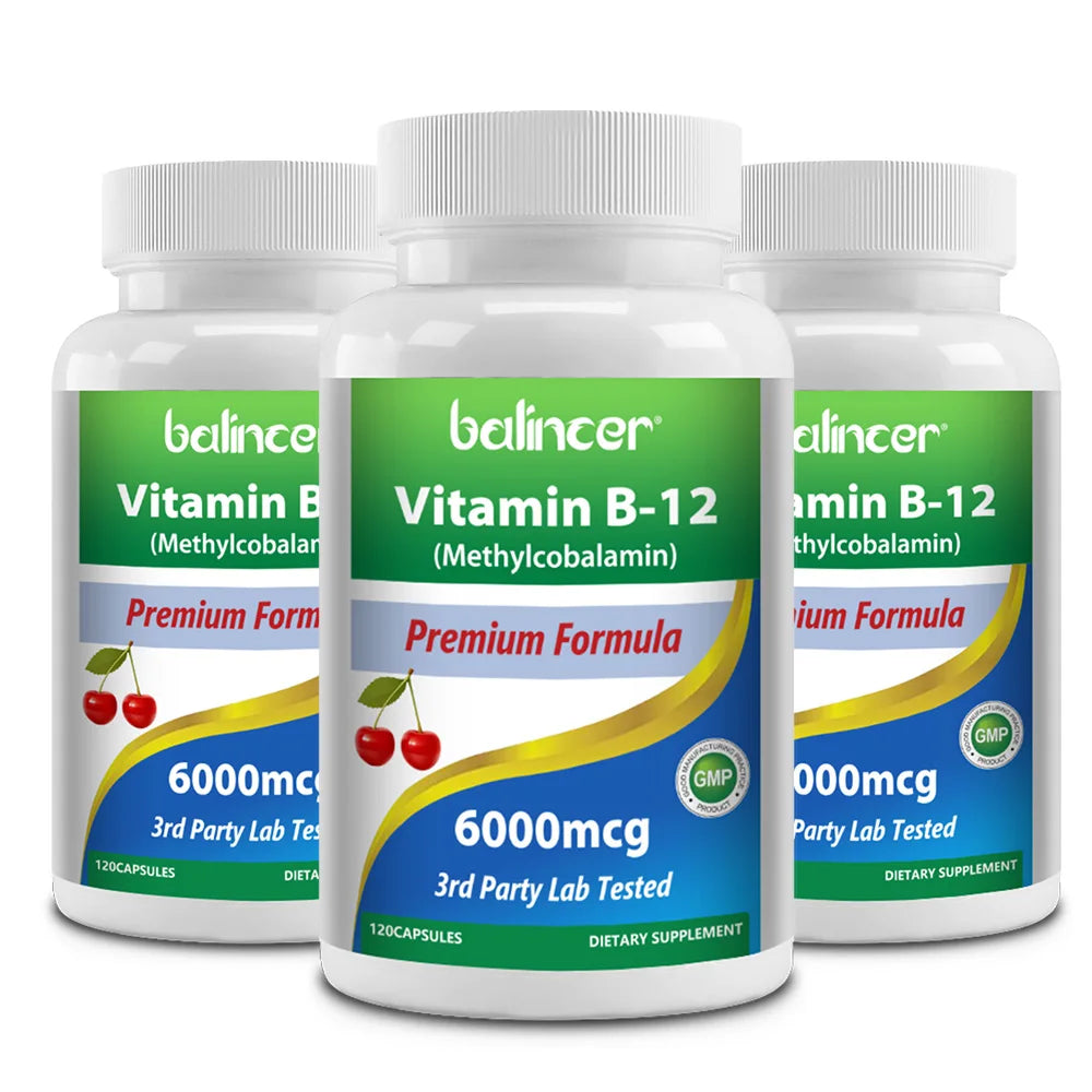 Vitamin B12 Supplement 6000mcg - Energy Brain Memory Mood, Heart  Function, Nervous & Immune System Support, 30/60/120 Capsules