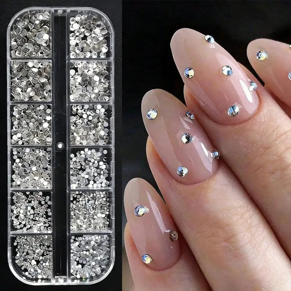 12 Grids Nail Rhinestones Mixed Size Clear Crystal AB Charms Flatback DIY Nail Art Decor