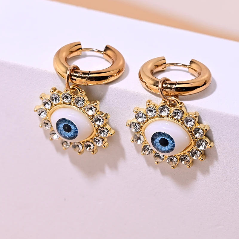 Stainless Steel Hoop Earrings for Women Rhinestone Alloy Evil Eye Fashion Ear Buckle Jewelry Accessories MOON GIRL