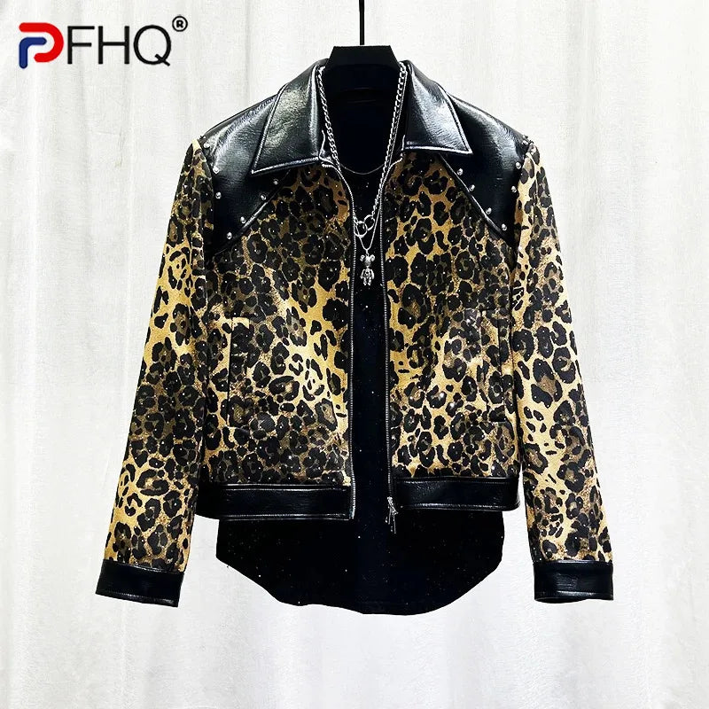 PFHQ Fashion Men's Jacket American Style Leopard Print Patchwork Rivet Design Spliced Leather Lapel Short Zipper Coats 21P1523