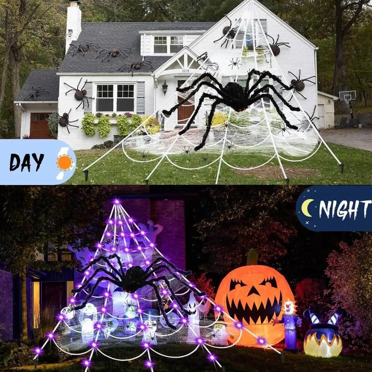 1Set Halloween Giant Triangular LED Spider Web Decor Purple Light Up Cobweb with Large Spider For Outdoor Garden House Decor