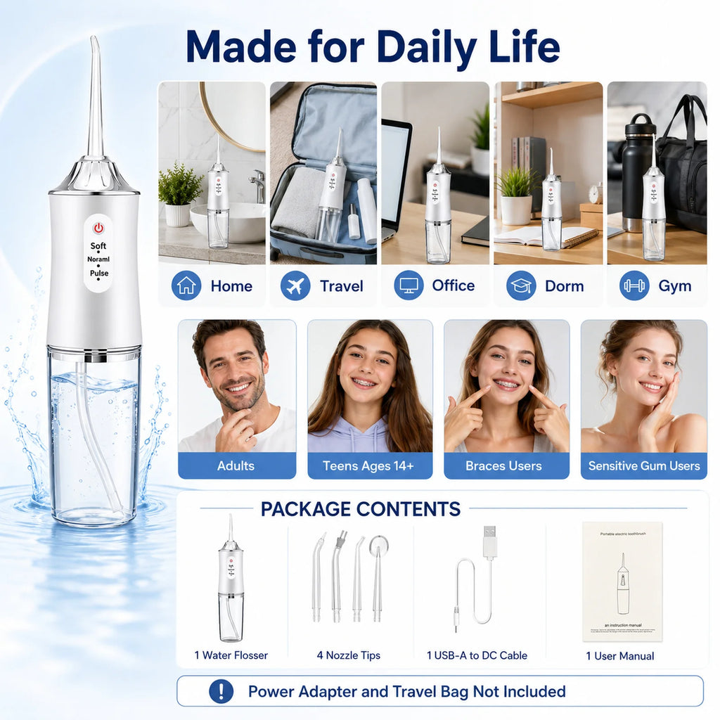 Powerful Battery Electric Pick Ipx7 3 Modes Rechargeable Teeth Cleaning Replacement Tips Oral Irrigator Water Dental Flosser