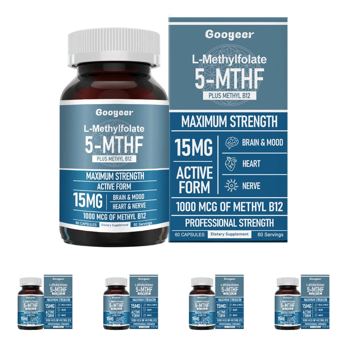 Googeer L Methylfolate 15mg + Methyl B12 1000mcg Active Folate B12 Support 60 Capsules