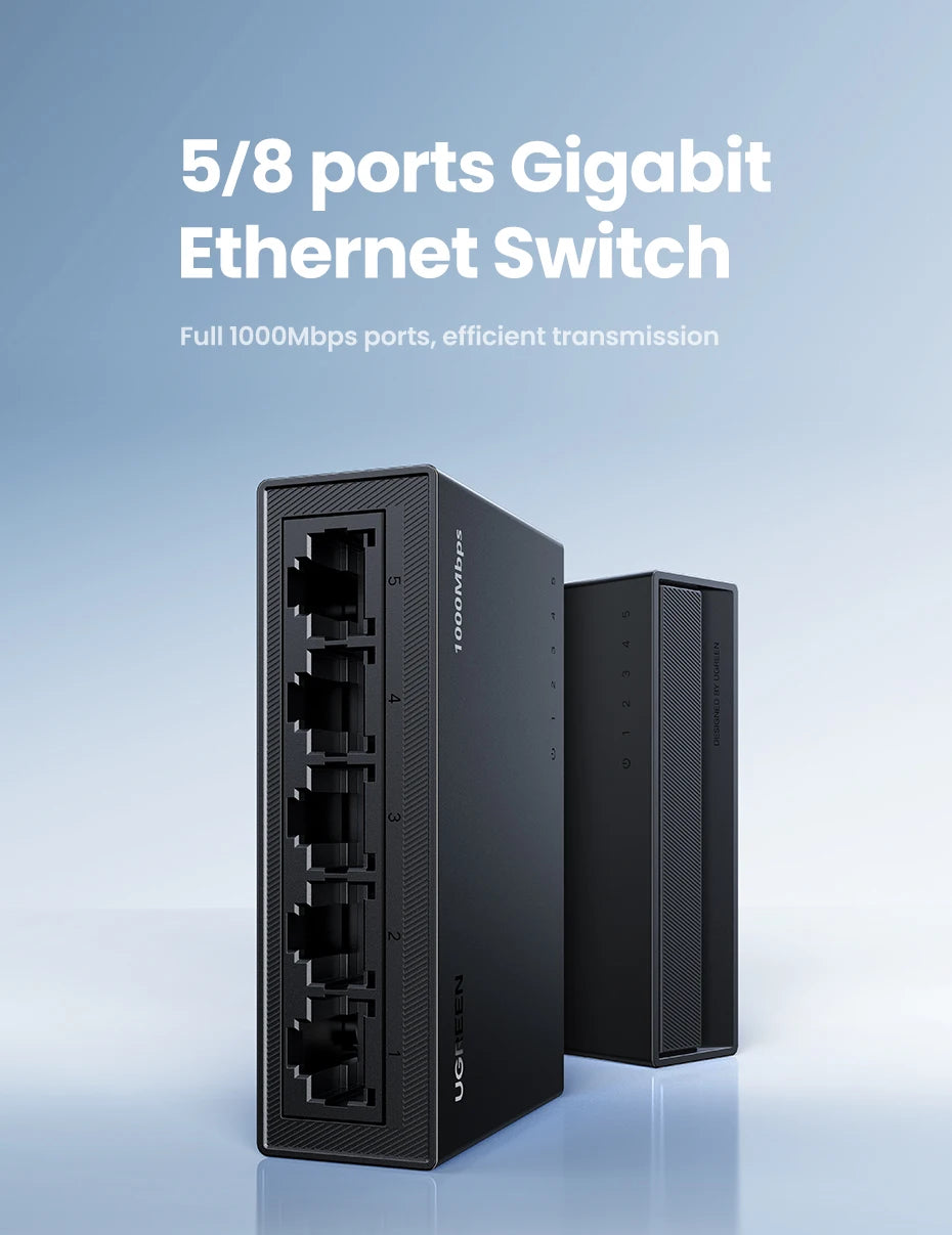 UGREEN Ethernet Switch 1000Mbps Mini Network Expension 5Ports All Gigabit for Router Lan Hub Full/Half Duplex Plug and Play