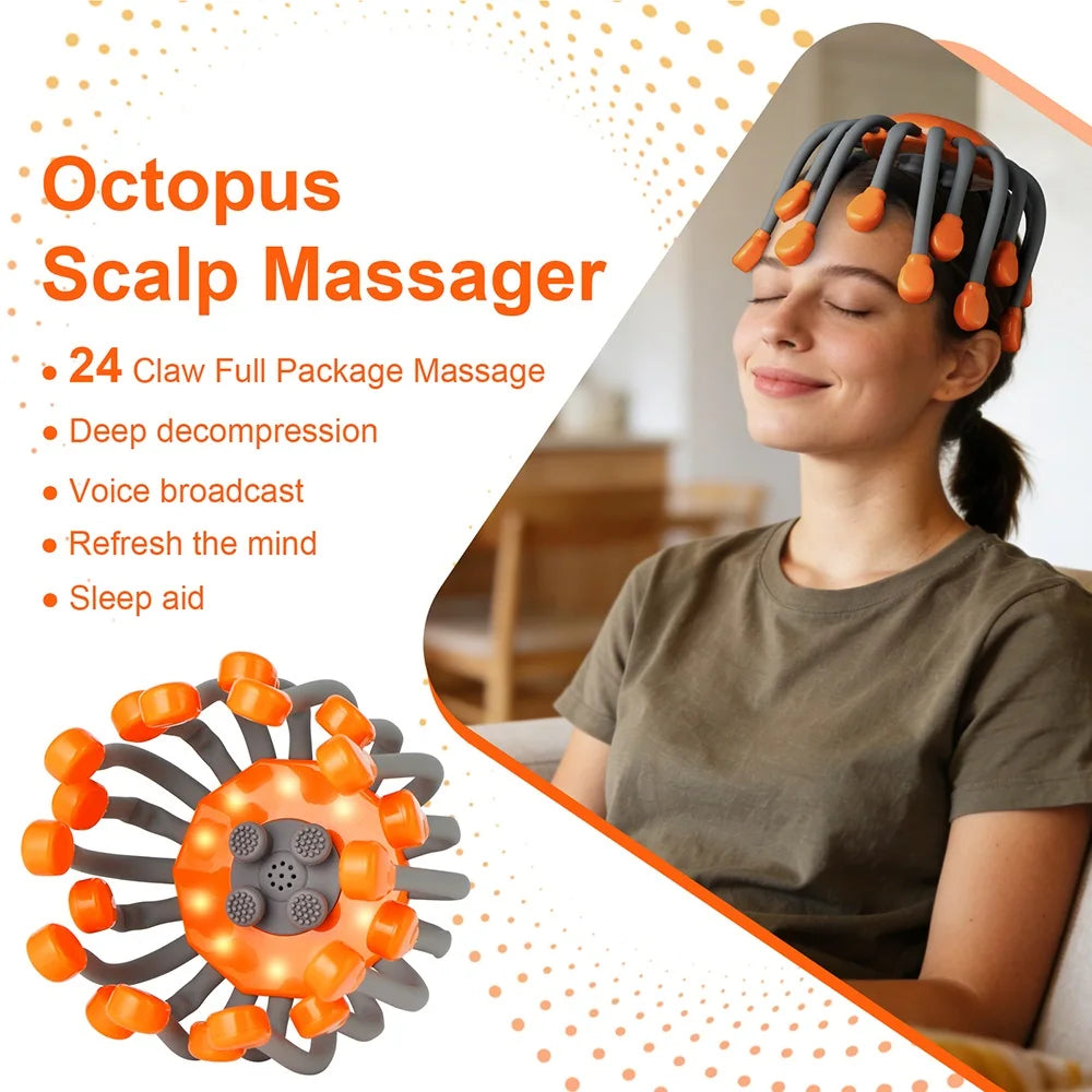 Electric Head Massager 24 Heads Octopus Massager 5 Modes Scalp Massager 360° Free Rotation Lightweight Wireless Use