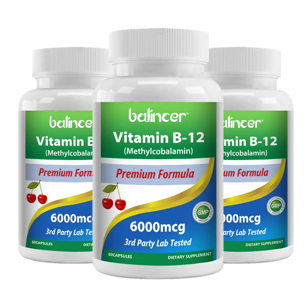 Vitamin B12 Supplement 6000mcg - Energy Brain Memory Mood, Heart  Function, Nervous & Immune System Support, 30/60/120 Capsules