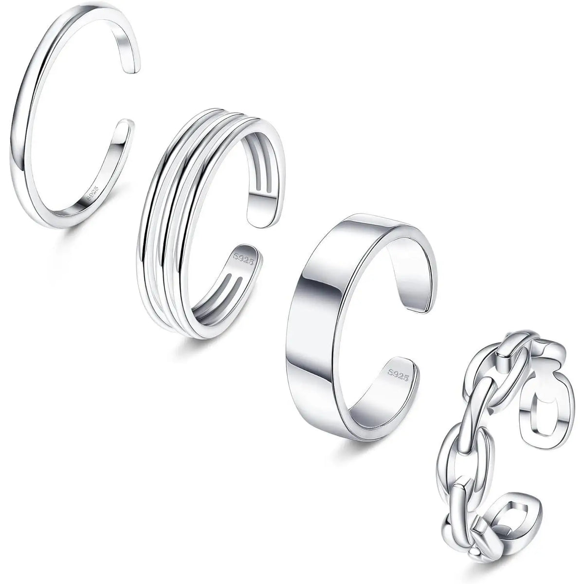 Fansilver 4pcs S925 Sterling Silver Toe Rings for Women Adjustable Triple Band Toe Ring Set Cute Jewelry for Summer Beach