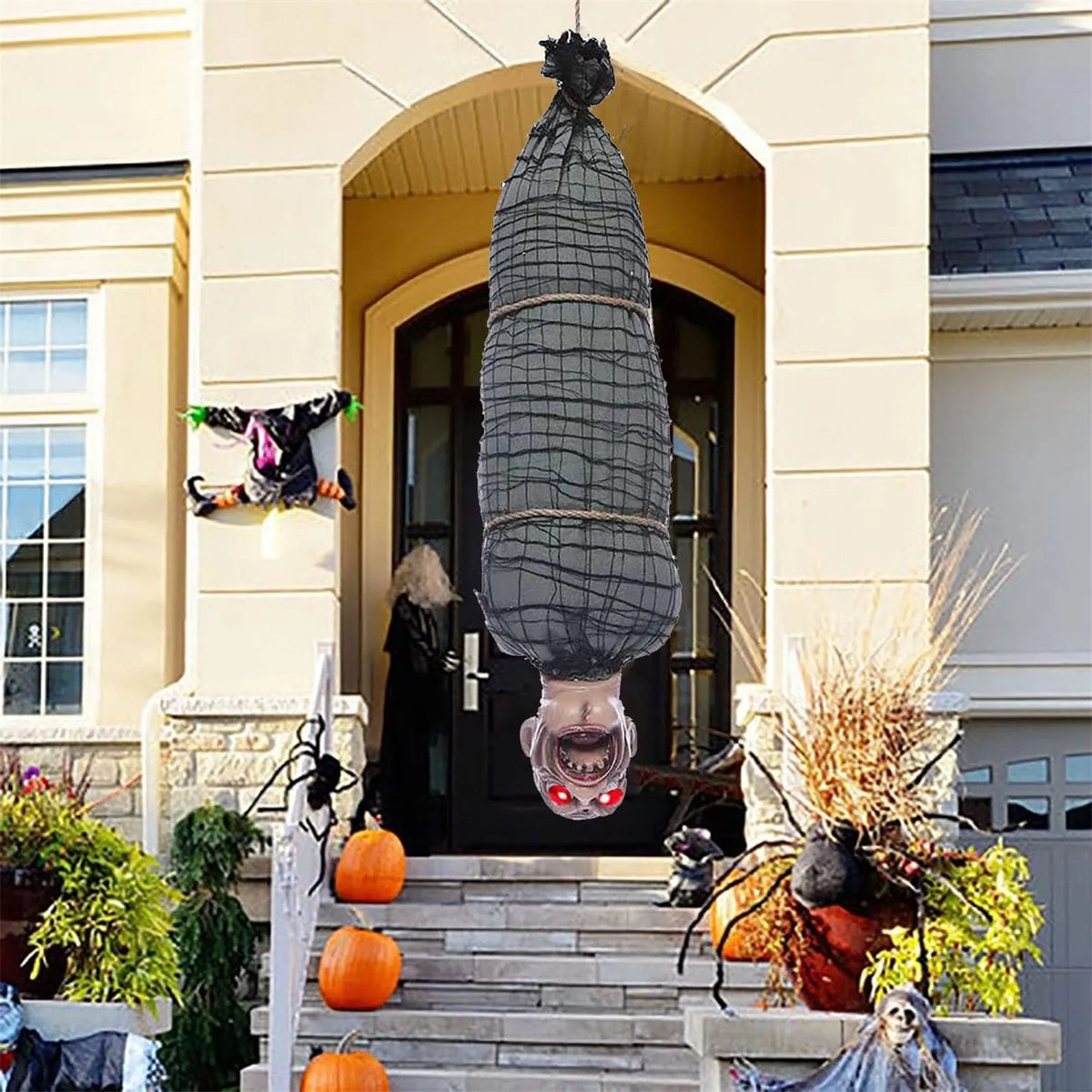 2.46 Ft Halloween Hanging Animated Corpse With LED Light Up Eyes Talking & Shaking Scary Ghost Sound Effect For Halloween Decor
