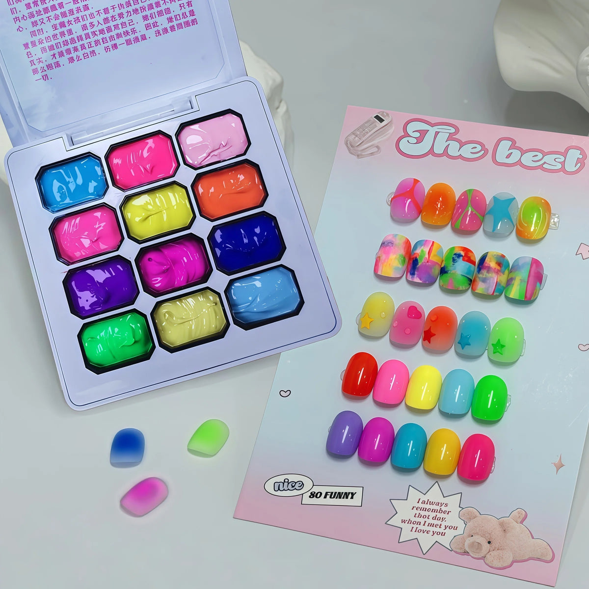 12 Color Full Rainbow Solid Nail Polish Adhesive, High Saturation Gloss Color Nail Kit, Fashionable LED Nail Art, Perfect Gift