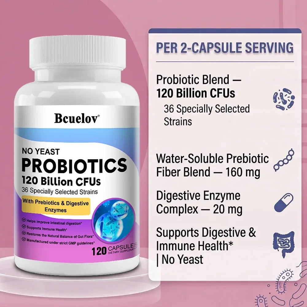 Organic Enzymes Probiotic Capsules 120 Billion CFU Probiotic Supplement with Prebiotics & Digestive Enzymes