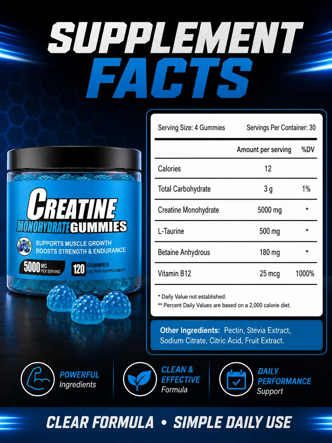 Creatine Monohydrate Gummies 5000mg Per Serving, 120 Gummies for Muscle Strength, Endurance & Energy, Dietary Supplement